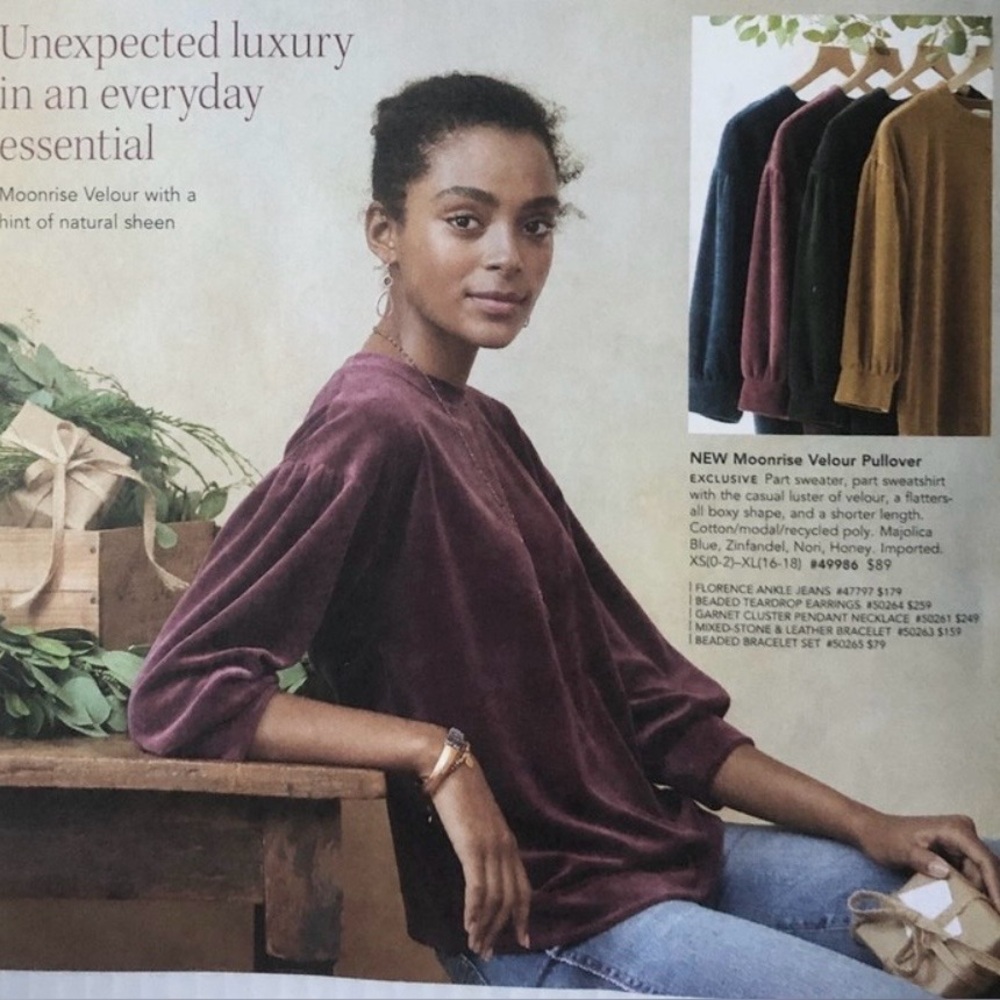 5 for $25!! Garnet Hill Moonrise Velour Pullover